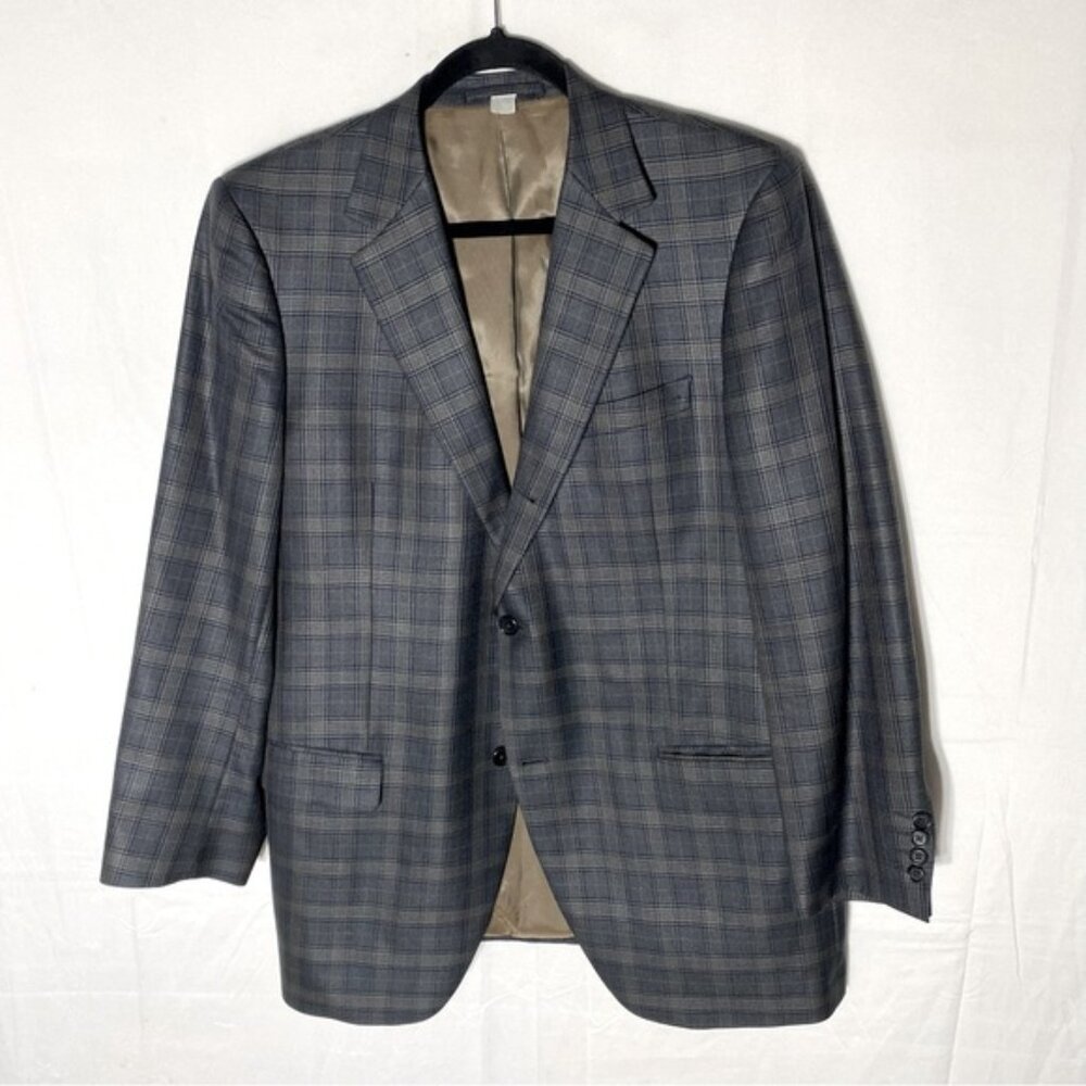 Vintage Grey Tan Plaid Wool Silk Blend Blazer Sport Coat 44R Academia Dadcore